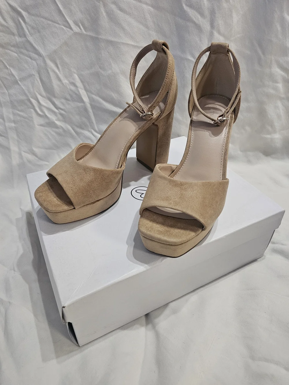 Platform Ankle-Strap Block Heel Sandal in Tan Suede